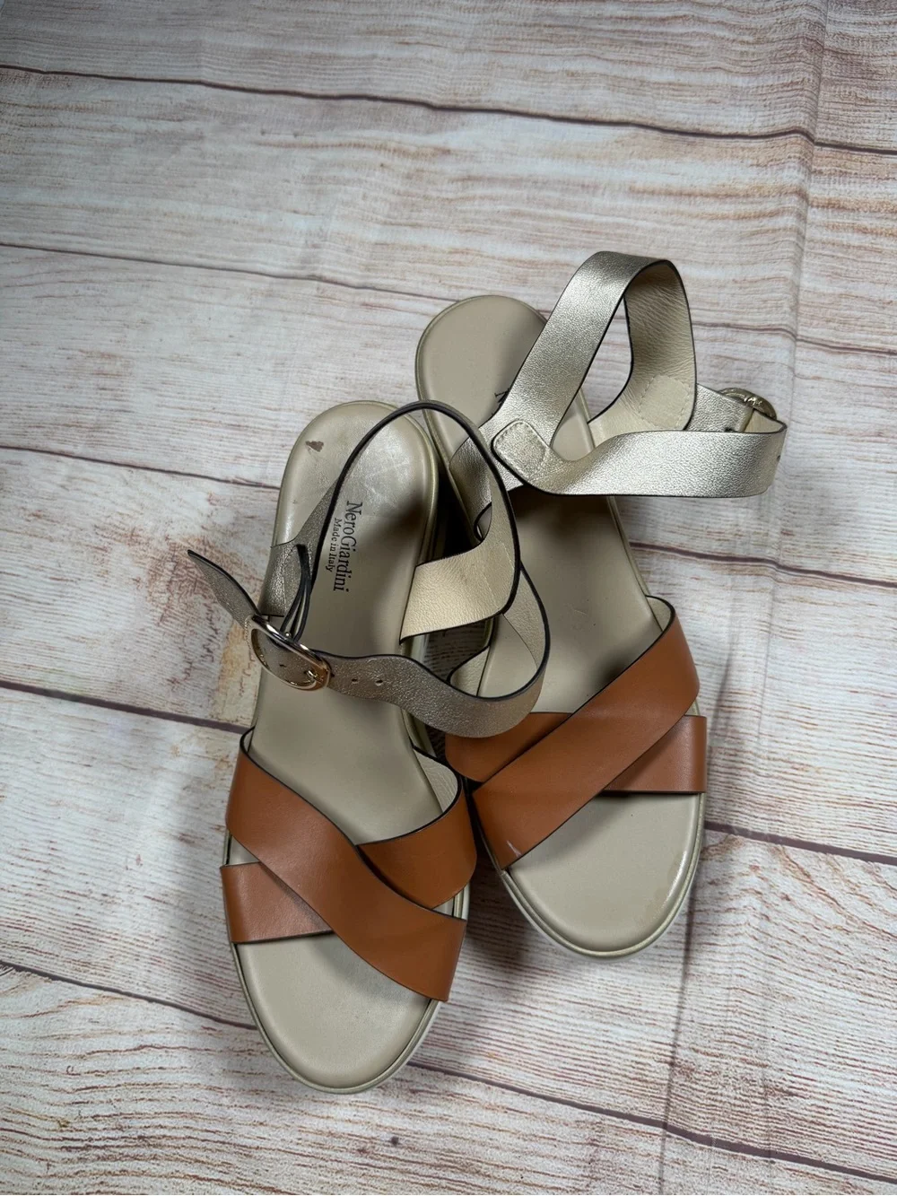 Nero Giardini Metallic Gold & Brown Wedge Sandals